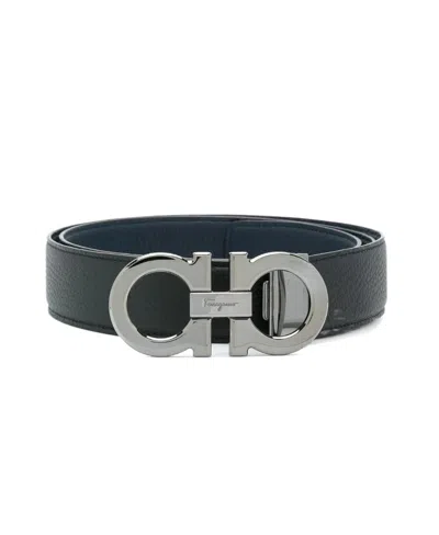 Ferragamo Brushed Calf Leather Gancini Belt In Black