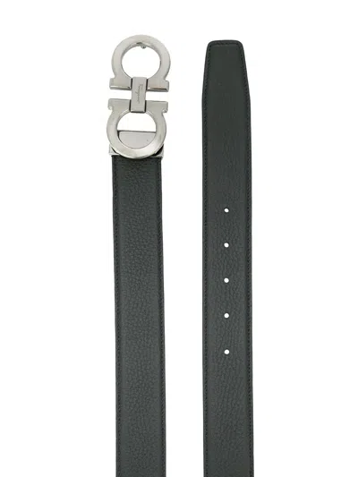 Ferragamo Brushed Calf Leather Gancini Belt In Black