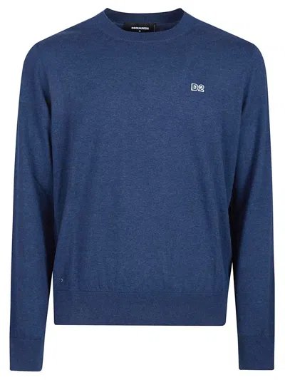 Dsquared2 Ribbed Crewneck Sweater With Cuffs And Hem In Blue