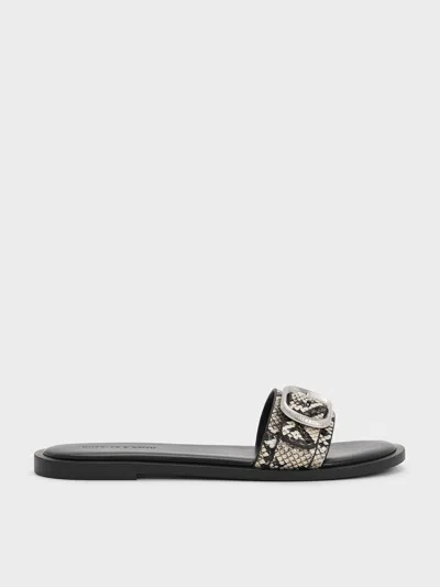 Charles & Keith - Snake-print Buckle-strap Slide Sandals In Black
