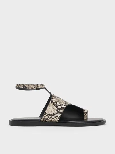 Charles & Keith - Snake-print Ankle-strap Toe-ring Sandals In Animal Print Natural