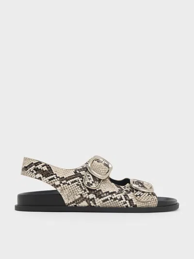 Charles & Keith - Snake-print Buckled Double-strap Slingback Sandals In Animal Print Natural