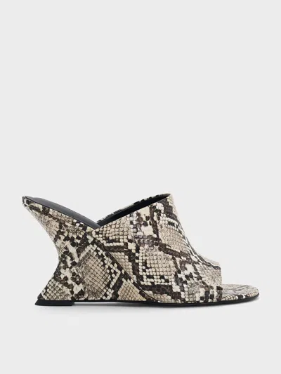 Charles & Keith - Snake-print Wide-strap Sculptural-heel Wedges In Animal Print Natural