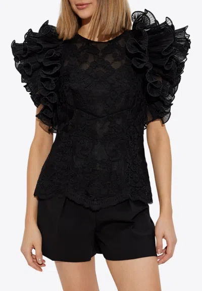 Zimmermann Crush Ruffled Plissé-tulle And Corded Lace Top In Black