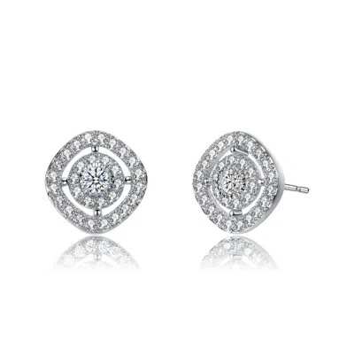Rachel Glauber White Gold Plated With Clear Cubic Zirconia Square Stud Earrings In Silver