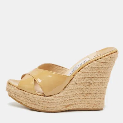 Pre-owned Jimmy Choo Beige Patent Leather Phyllis Espadrilles Platform Wedges Sandals Size 37