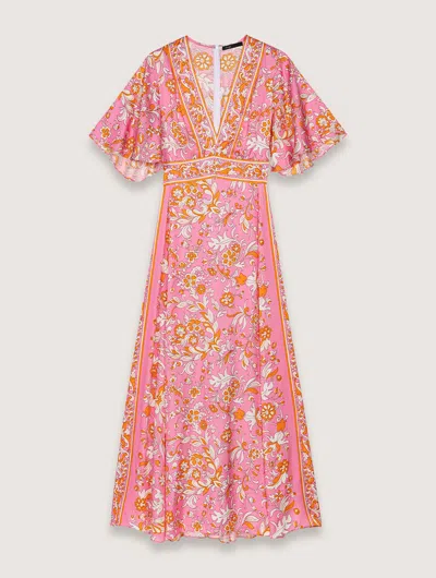 Maje Ritalen Butterfly-sleeve Midi Dress In Imprime Fleurs Orange Rose