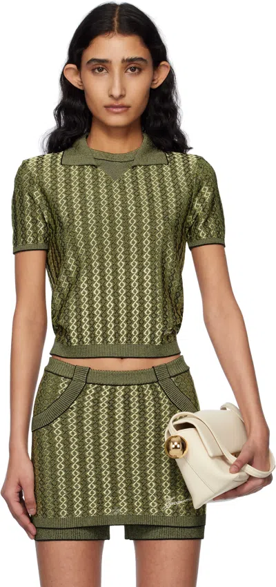 Jacquemus Marino Diamond-knit Short-sleeve Polo Top In Green