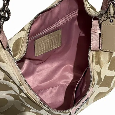 Pre-owned Coach Beige Pink Jacquard Leather Handbag Shoulder Bag () In Beige, Pink