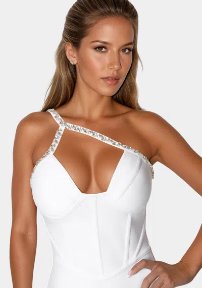 Bebe Embellished Crystal Corset Bandage Dress In White