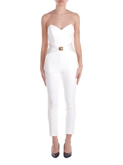 Elisabetta Franchi Flowing Crepe Jumpsuit With White Macro Bow In Avorio Bianco