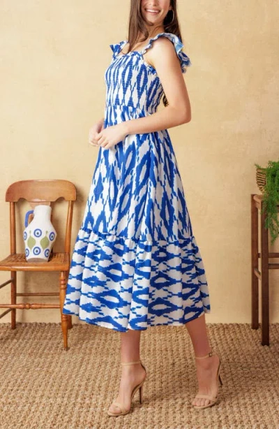Flying Tomato Smocked Ruffle Strap Tiered Midi Dress In Ivory Blue