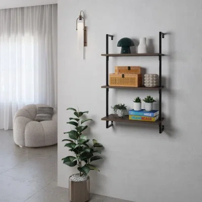 Happimess Madera Classic Industrial Shelf Wood Wall-mounted Open Ladder Bookcase With Metal Frame In Brown