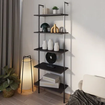 Happimess Madera Classic Industrial Shelf Wood Wall-mounted Open Ladder Bookcase With Metal Frame In Black/black