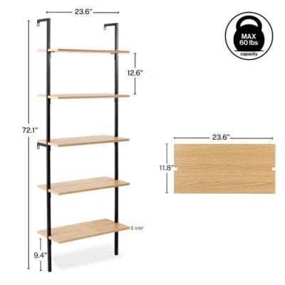 Happimess Madera Classic Industrial 5-shelf Wood Wall-mounted Open Ladder Bookcase With Metal Frame In Light Oak/black