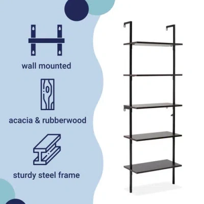Happimess Madera Classic Industrial Shelf Wood Wall-mounted Open Ladder Bookcase With Metal Frame In Black/black