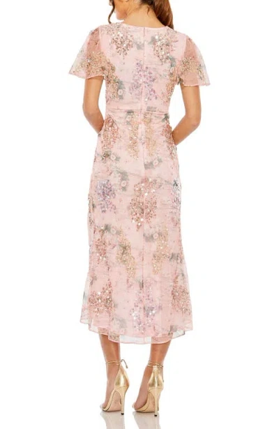 Mac Duggal Printed Mesh Flutter Sleeve Faux Wrap Midi Dress In Rose
