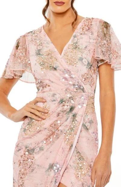 Mac Duggal Printed Mesh Flutter Sleeve Faux Wrap Midi Dress In Rose