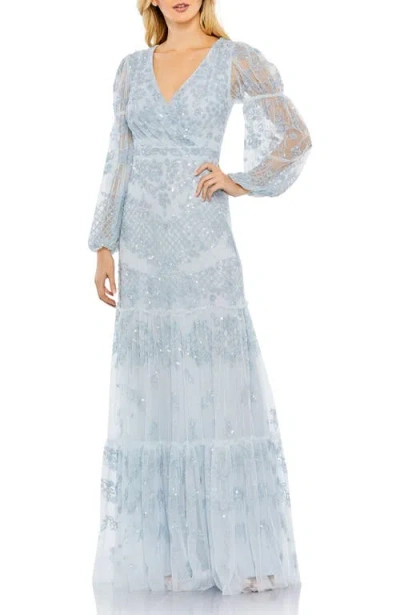 Mac Duggal Sequined Tiered Wrap Over Puff Sleeve Gown In Blue