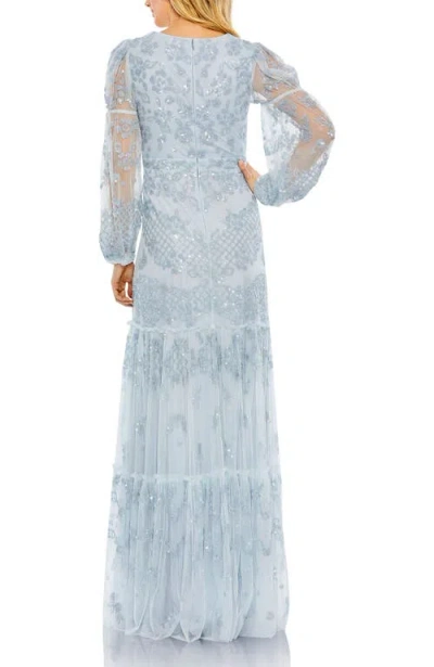 Mac Duggal Sequined Tiered Wrap Over Puff Sleeve Gown In Blue