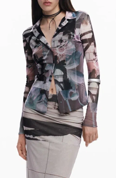 Desigual Abstract Print Mesh Button-up Shirt In Neutral Gray