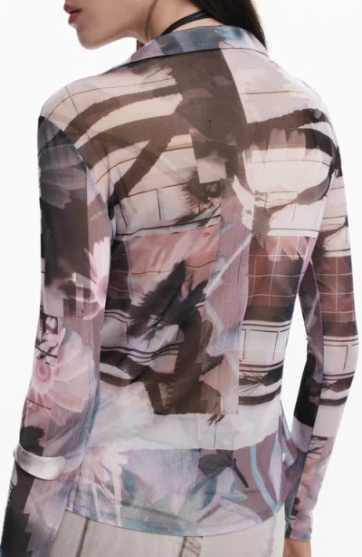 Desigual Abstract Print Mesh Button-up Shirt In Neutral Gray