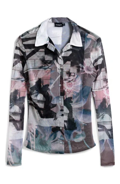 Desigual Abstract Print Mesh Button-up Shirt In Neutral Gray