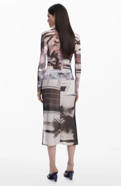 Desigual Abstract Print Mesh Button-up Shirt In Neutral Gray