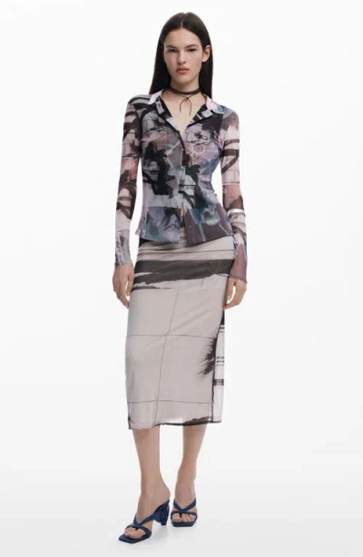 Desigual Abstract Print Mesh Button-up Shirt In Neutral Gray