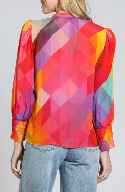 Apny Print Smocked Cuff Top In Purple Multi