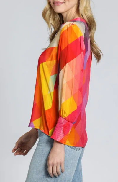 Apny Print Smocked Cuff Top In Purple Multi