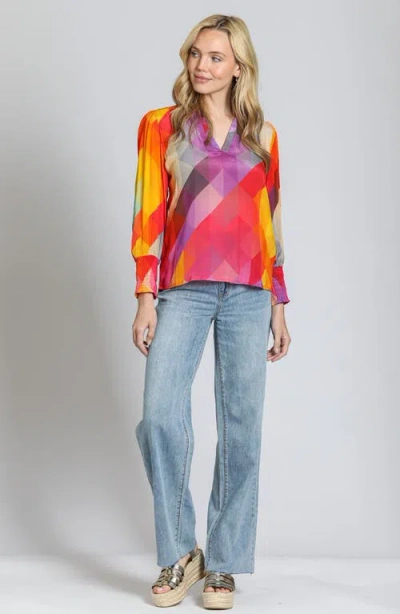 Apny Print Smocked Cuff Top In Purple Multi