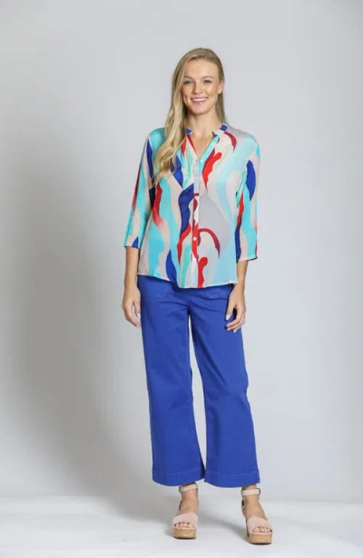 Apny Mixed Stripe Mandarin Collar Button-up Shirt In Turquoise Multi