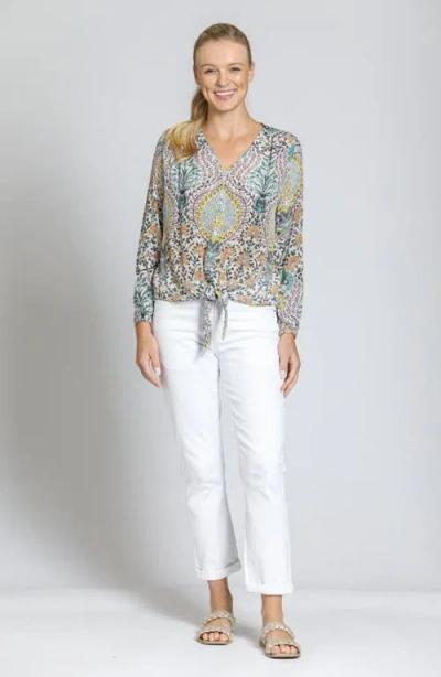 Apny Print Tie Front Top In Green Multi