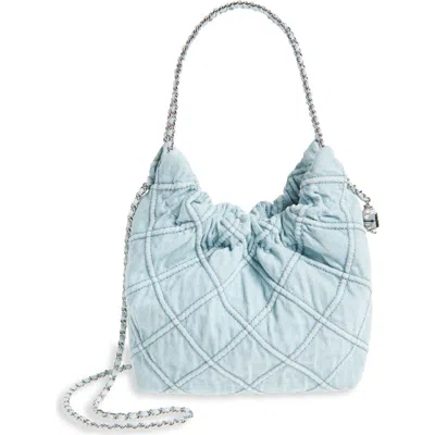 Tory Burch Fleming Mini Quilted Denim Hobo Bag In Seltzer