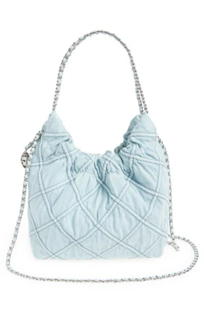 Tory Burch Fleming Mini Quilted Denim Hobo Bag In Seltzer