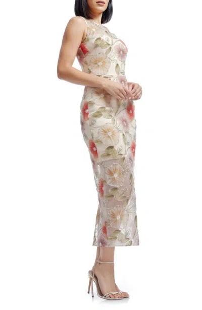 Dress The Population Helena Beaded Floral Applique Sheath Gown In Champagne Multi