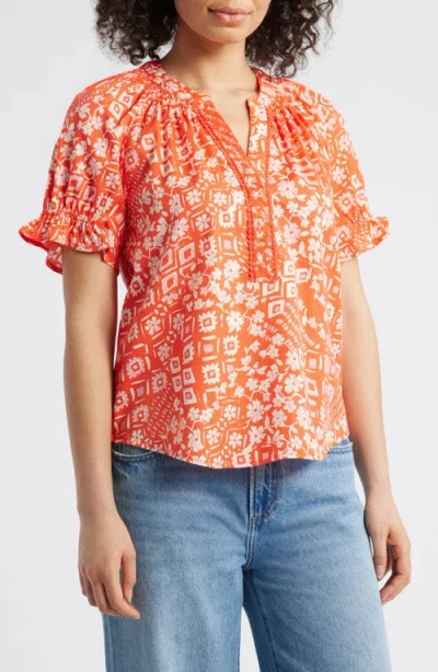 Wit & Wisdom Print Puff Sleeve Top In Papaya Punch Multi