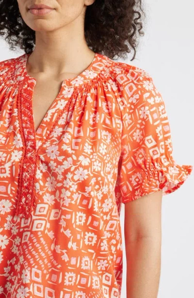 Wit & Wisdom Print Puff Sleeve Top In Papaya Punch Multi