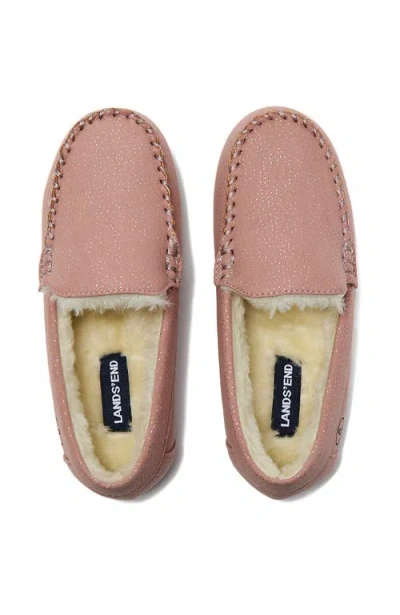 Lands' End Kids Fuzzy Lined Shimmer Moccasin Slippers In Light Blush Sparkle