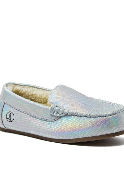 Lands' End Kids Fuzzy Lined Shimmer Moccasin Slippers In Silver Shimmer Multi