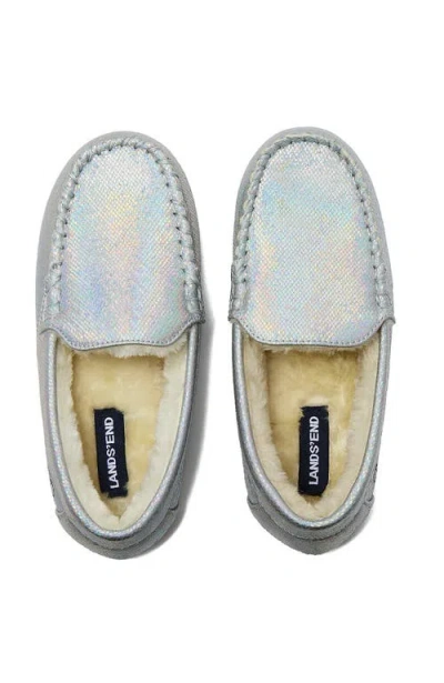 Lands' End Kids Fuzzy Lined Shimmer Moccasin Slippers In Silver Shimmer Multi