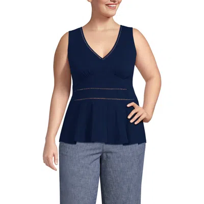 Lands' End Regular Size Sleeveless Lwcm Lattice Peplum Vneck Top In Deep Sea Navy