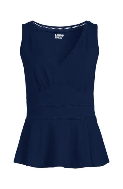 Lands' End Regular Size Sleeveless Lwcm Lattice Peplum Vneck Top In Deep Sea Navy