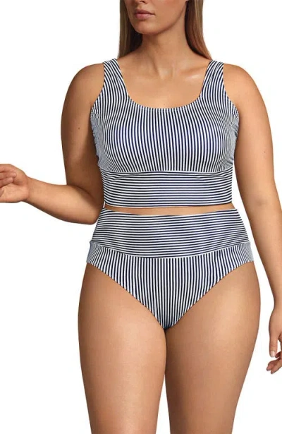 Lands' End Tugless Tankini Top And High Waisted Bottom Swimsuit Set In Deep Sea Navy Mini Stripe