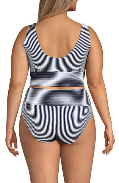 Lands' End Tugless Tankini Top And High Waisted Bottom Swimsuit Set In Deep Sea Navy Mini Stripe