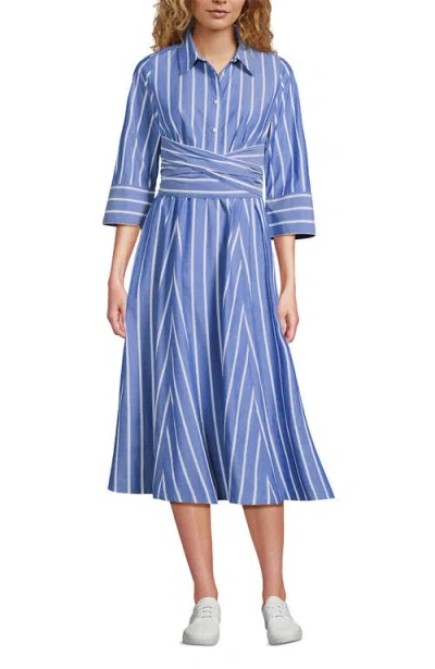 Lands' End Poplin Midi Wrap Front Dress In Sapphire Gem Blue Broad Stripe