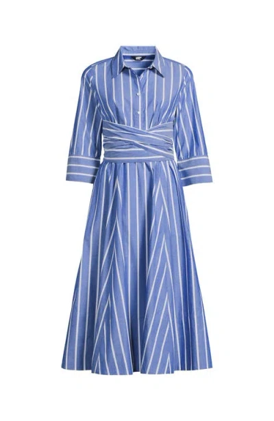 Lands' End Poplin Midi Wrap Front Dress In Sapphire Gem Blue Broad Stripe