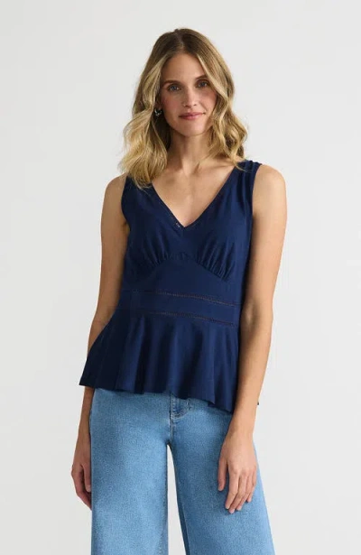 Lands' End Regular Size Sleeveless Lwcm Lattice Peplum Vneck Top In Deep Sea Navy
