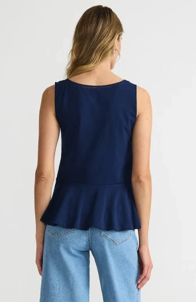 Lands' End Regular Size Sleeveless Lwcm Lattice Peplum Vneck Top In Deep Sea Navy
